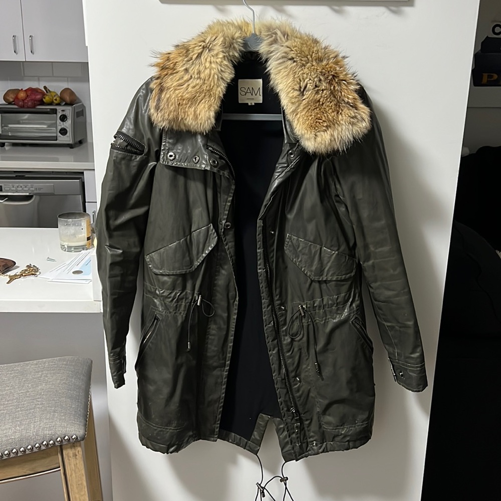 SAM. wax coated, green parka with fur trim, size small
